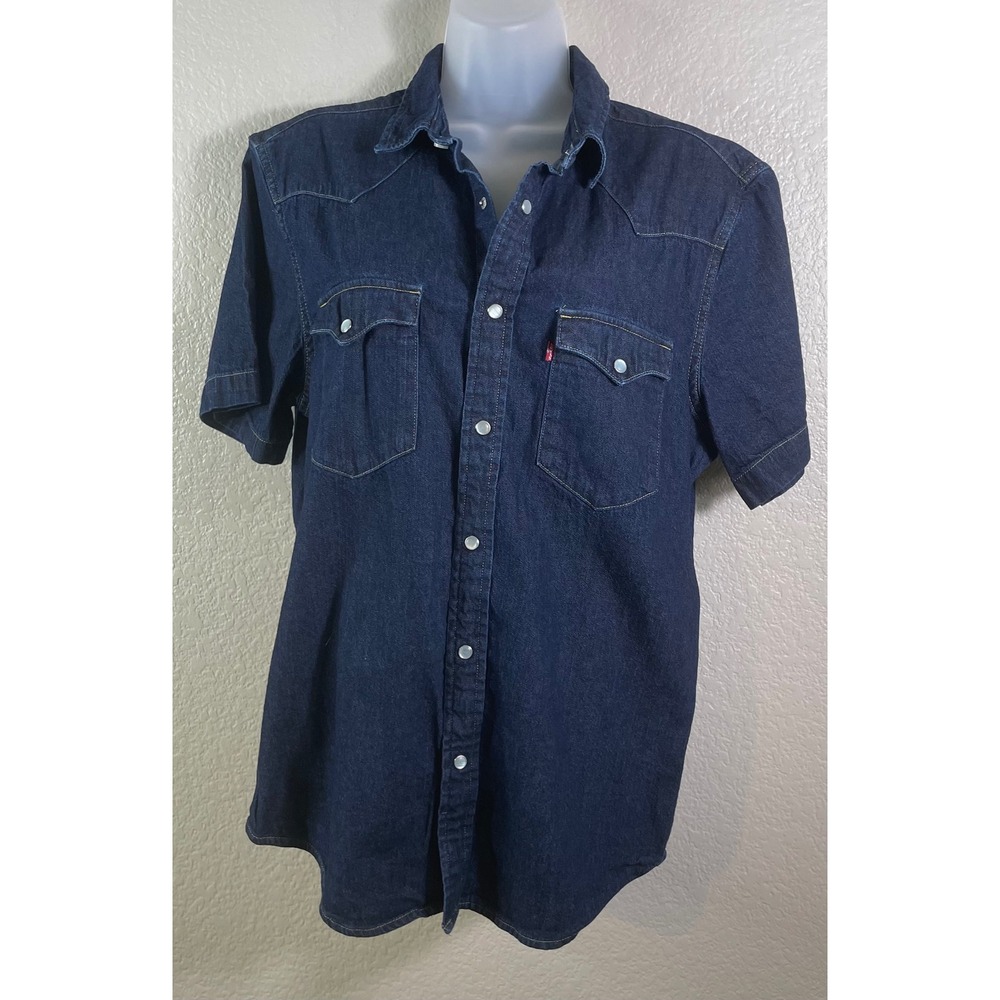 Levis Women M Short Sleeve Western Shirt Dark Wash Denim Pearl Snap Western